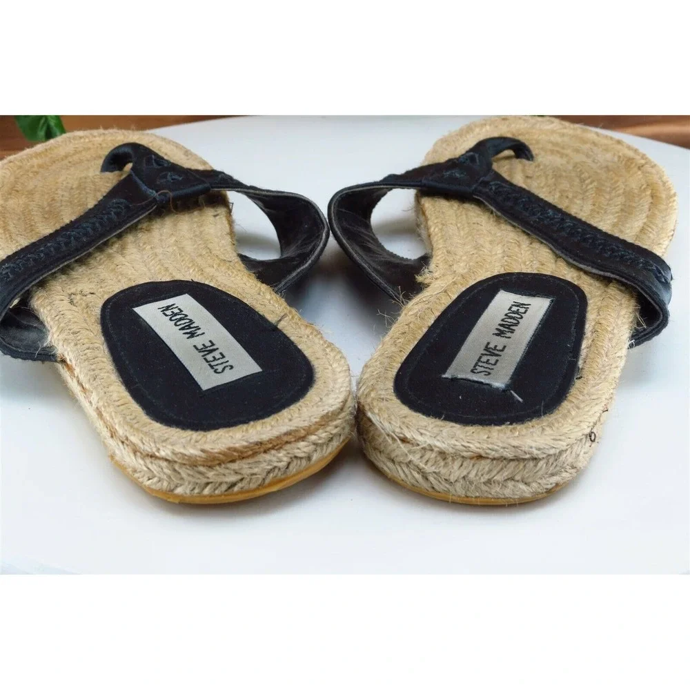 Steve Madden Women's Size 9‎ Black Leather Flip Flop Sandals Woven Espadrille